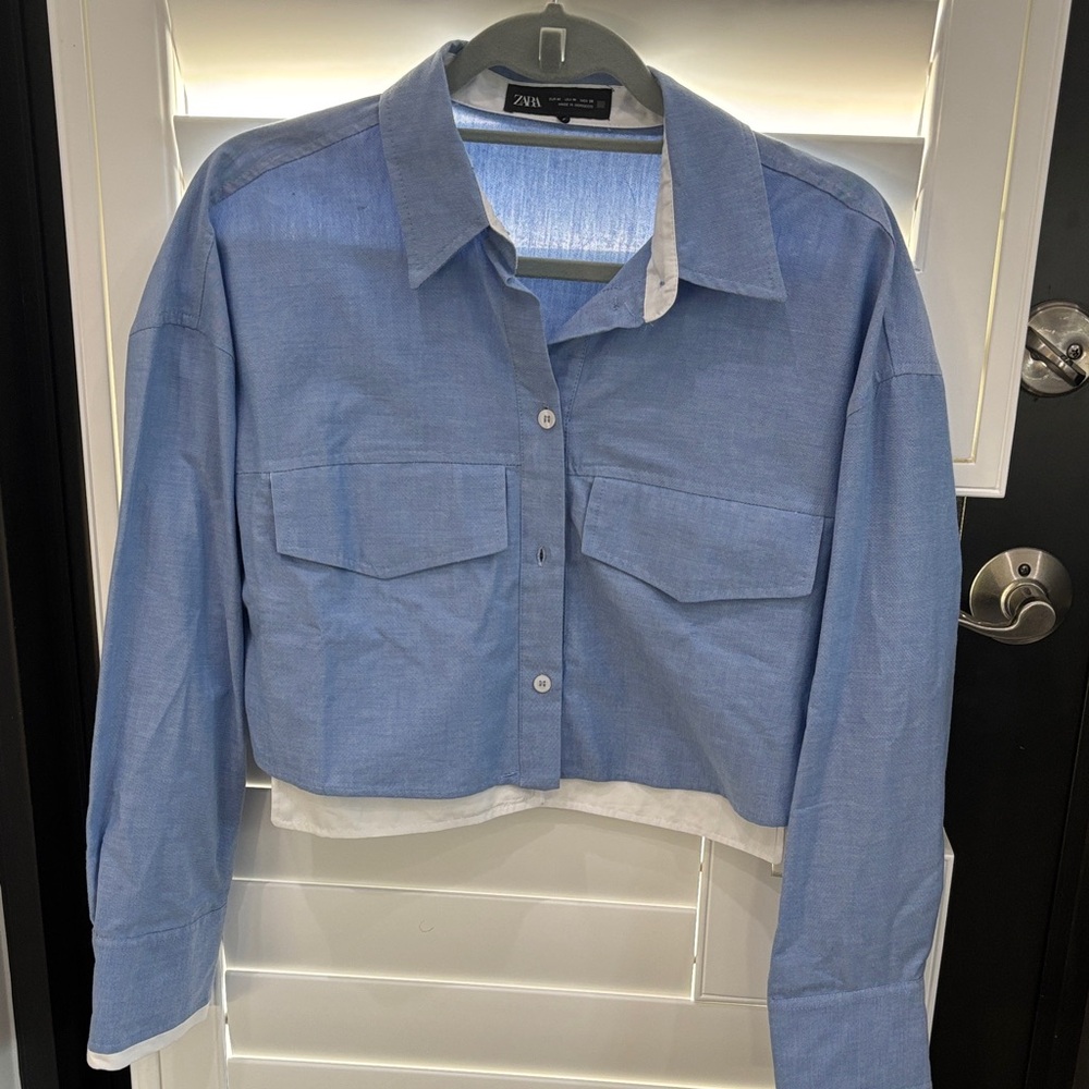Zara Light Blue Cropped Shirt with Pockets
